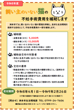 飼い主のいない猫の不妊手術費用を補助します
